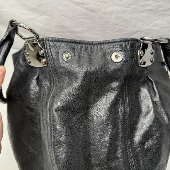 Miu Miu Designer Black Glaze Nappa Leather Silver Tone Satin Hobo Shopper Tote - Picture 9 of 13